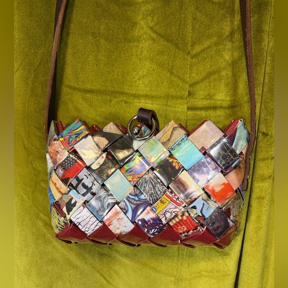 Vintage Handbags - Y2K quirky Woven Up-Cycled Magazine Colorful crossbody bag. Leather strap.